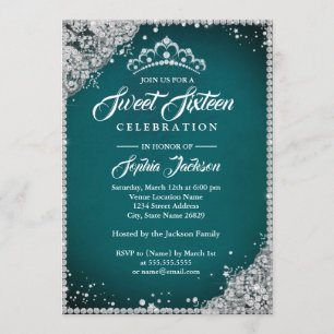 Diamond Lace Sparkle Tiara Teal Silver Sweet 16 Invitation
