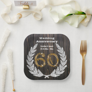Diamond Laurel & 60TH Gold, Wedding Anniversary Pa Paper Plate