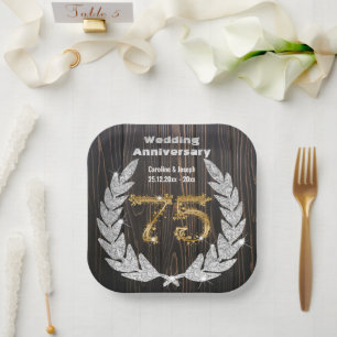 Diamond Laurel & 75TH Gold, Wedding Anniversary Pa Paper Plate