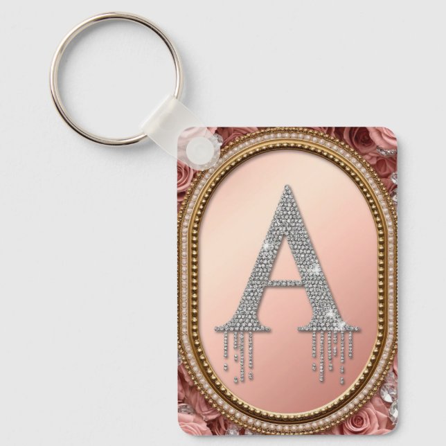 Diamond Letter A Monogram in Gold Frame with Pink  Key Ring (Front)
