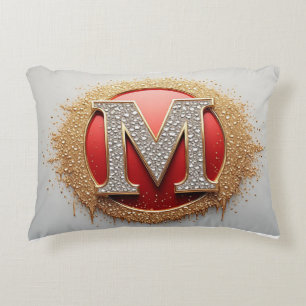 Diamond Letter M Red Medallion Gold Monogram Decorative Cushion