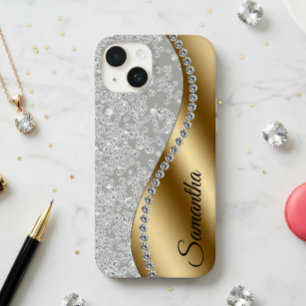 Diamond Look Gold Metal Personalised Glam iPhone 14 Case