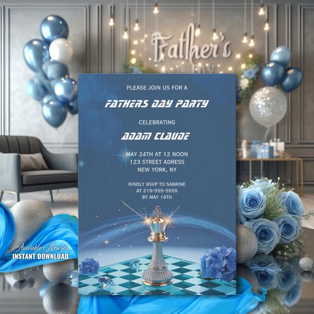 Diamond Metallic King Chess Fathers Day Blue  Invitation (Creator Uploaded)