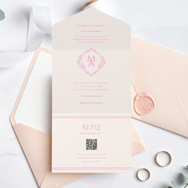 Diamond Monogram With Flowers in Pink Wedding All In One Invitation (Creator Uploaded)