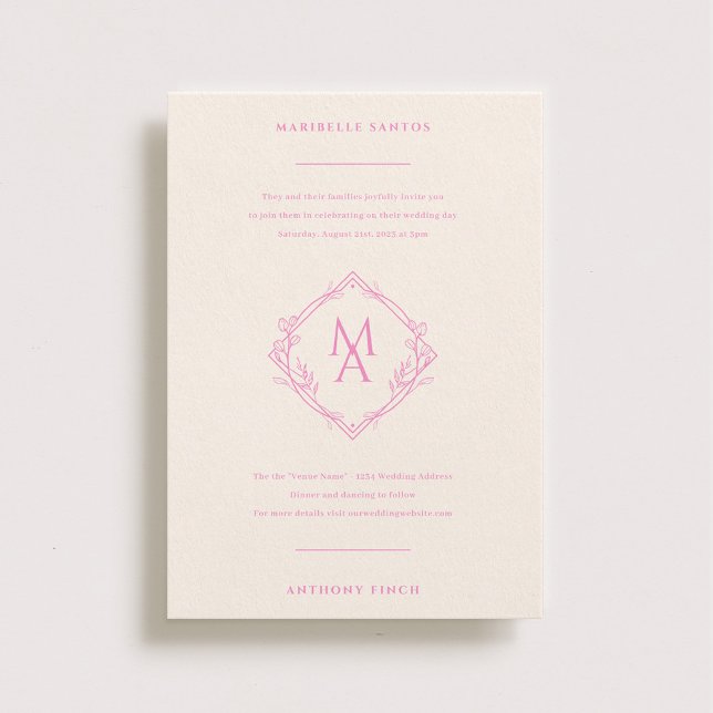 Diamond Monogram With Flowers in Pink Wedding Invitation (Creator Uploaded)