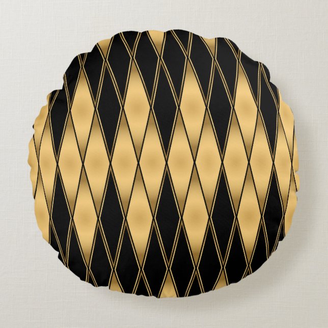 Diamond motif: gold-black elegant pattern. round cushion (Front)