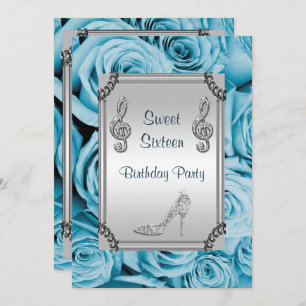Diamond Music Note, Stiletto & Blue Roses Sweet 16 Invitation