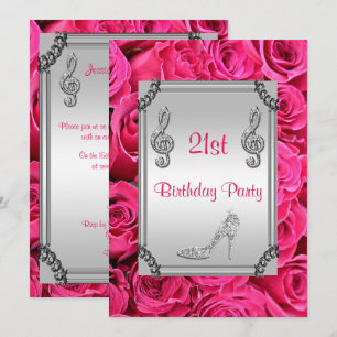 Diamond Music Note, Stiletto & Pink Roses 21st Invitation