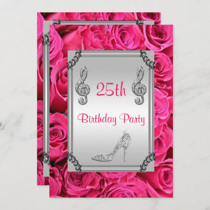 Diamond Music Note, Stiletto & Pink Roses 25th Invitation