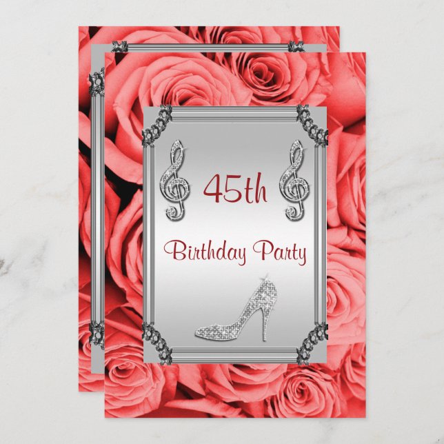 Diamond Music Note, Stiletto & Red Roses 45th Invitation (Front/Back)
