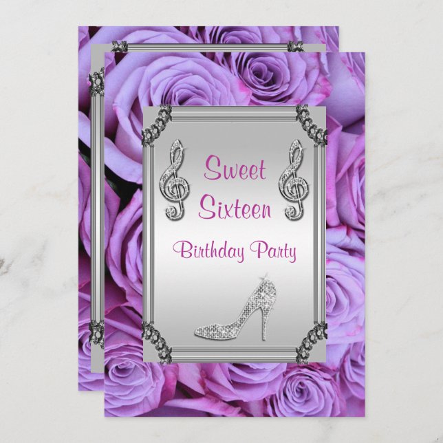 Diamond Music Note, Stiletto & Roses Sweet 16 Invitation (Front/Back)
