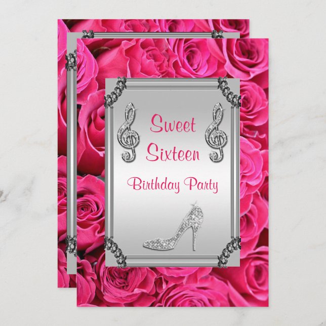 Diamond Music Note, Stiletto & Roses Sweet 16 Invitation (Front/Back)