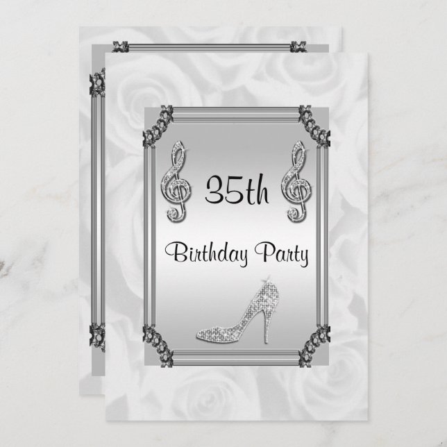 Diamond Music Note, Stiletto & White Roses 35th Invitation (Front/Back)