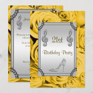Diamond Music Note, Stiletto & Yellow Roses 21st Invitation