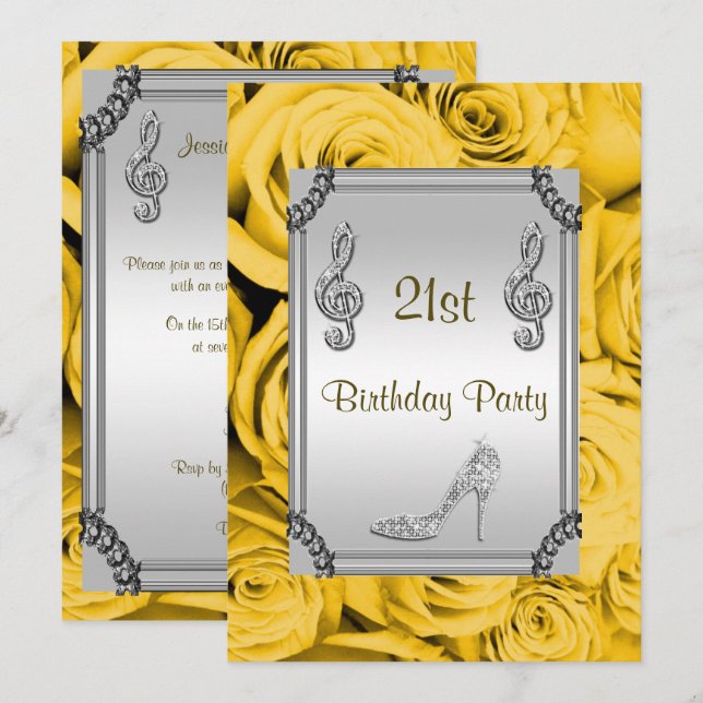 Diamond Music Note, Stiletto & Yellow Roses 21st Invitation (Front/Back)