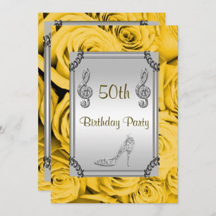 Diamond Music Note, Stiletto & Yellow Roses 50th Invitation