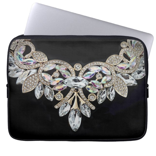 Diamond necklace black silver rhinestone elegant  laptop sleeve (Front)