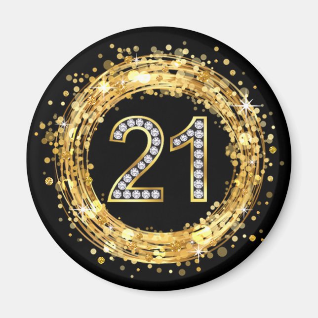 Diamond Number 21 Glitter Bling Confetti | gold Magnet (Front)