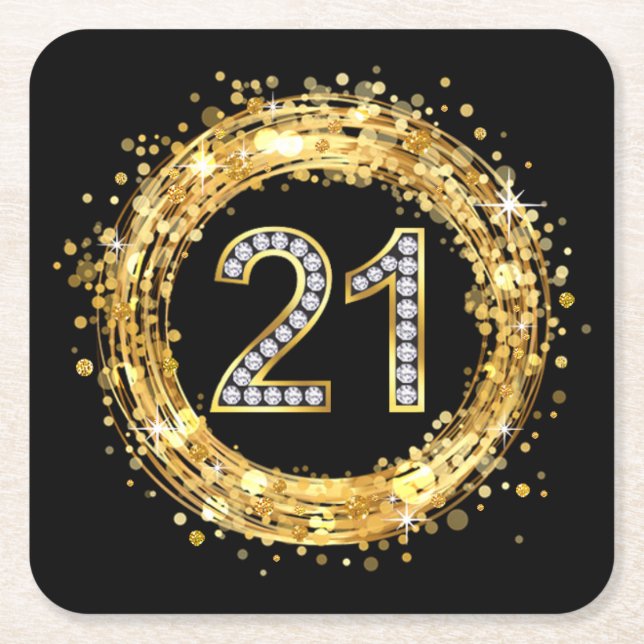 Diamond Number 21 Glitter Bling Confetti | gold Square Paper Coaster (Front)