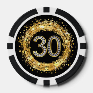Diamond Number 30 Glitter Bling Confetti   gold Poker Chips