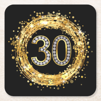 Diamond Number 30 Glitter Bling Confetti | gold Square Paper Coaster