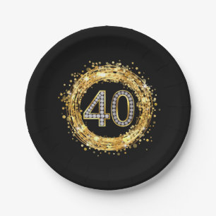 Diamond Number 40 Glitter Bling Confetti gold Paper Plate