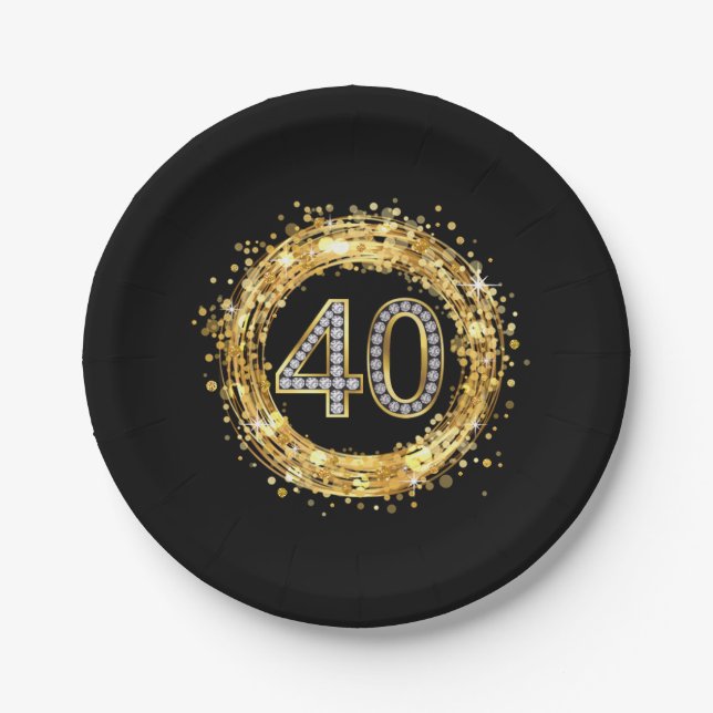 Diamond Number 40 Glitter Bling Confetti | gold Paper Plate (Front)