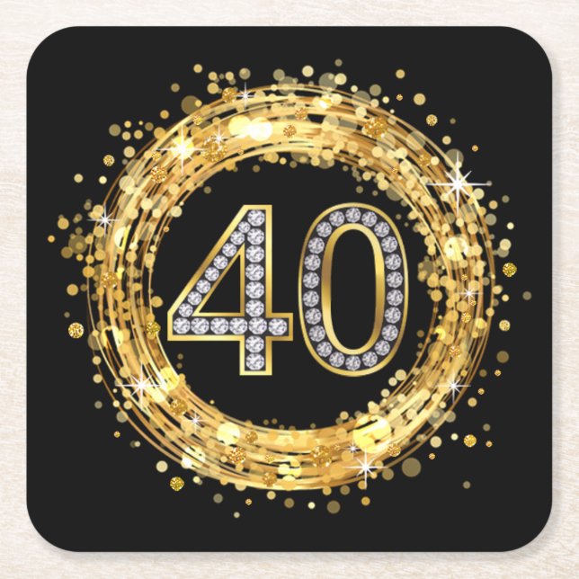 Diamond Number 40 Glitter Bling Confetti | gold Square Paper Coaster (Front)