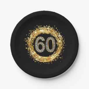 Diamond Number 60 Glitter Bling Confetti gold Paper Plate