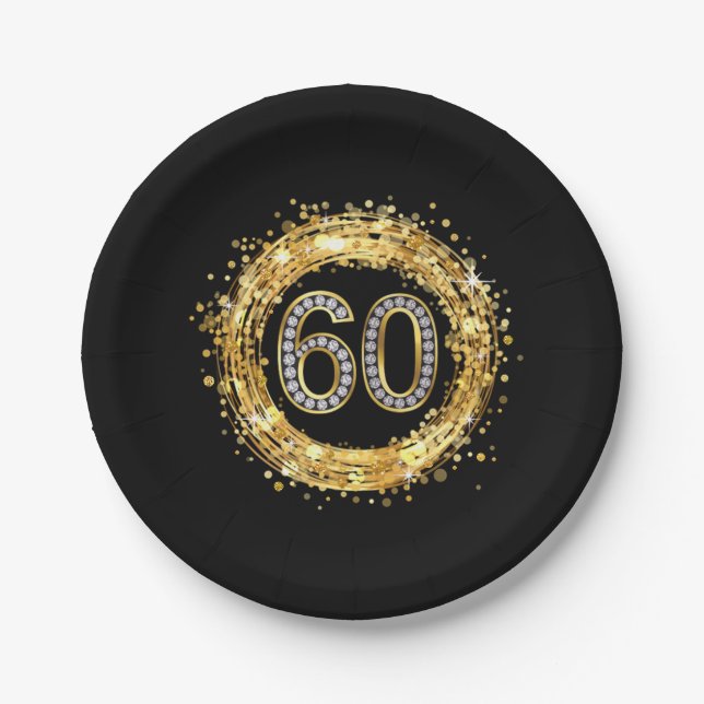 Diamond Number 60 Glitter Bling Confetti | gold Paper Plate (Front)