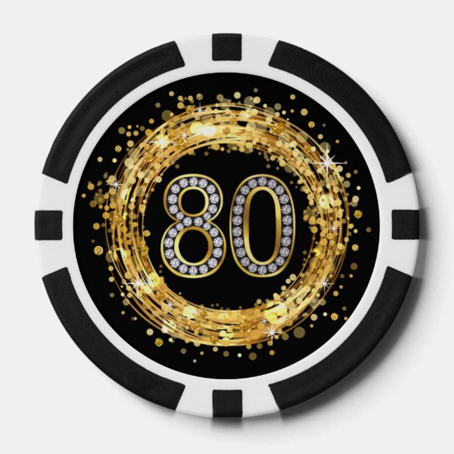 Diamond Number 80 Glitter Bling Confetti | gold Poker Chips (Front)