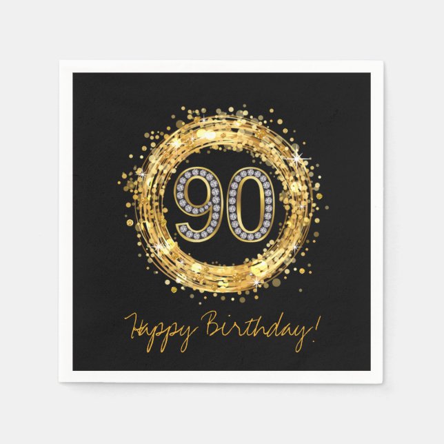 Diamond Number 90 Glitter Bling Confetti | gold Napkin (Front)