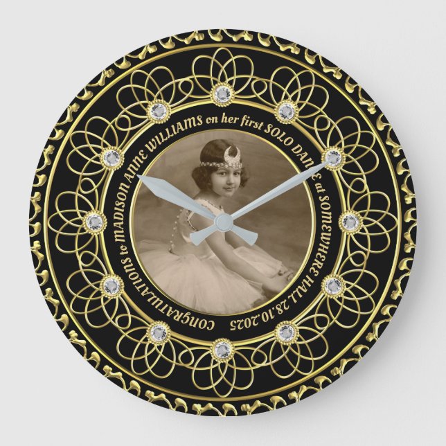 Diamond Numbers Photo Gold Commemorative Black Large Clock (Front)