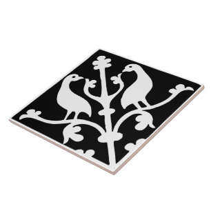Diamond Orientation Birds Black and White Ceramic Tile