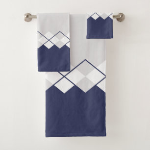 Diamond pattern in light grey, navy blue, white bath towel set