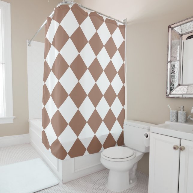 Diamond Pattern in White and Mocha Mousse Shower Curtain (In Situ)