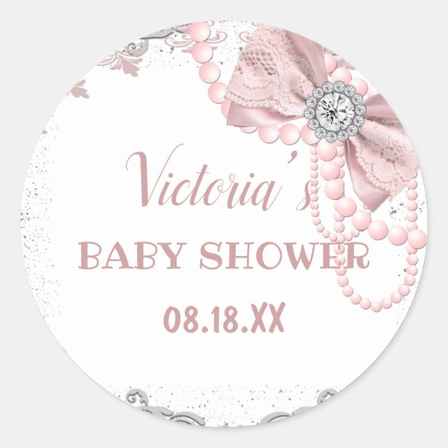 Diamond Pearl Blush Pink Girly Elegant Baby Shower Classic Round Sticker (Front)