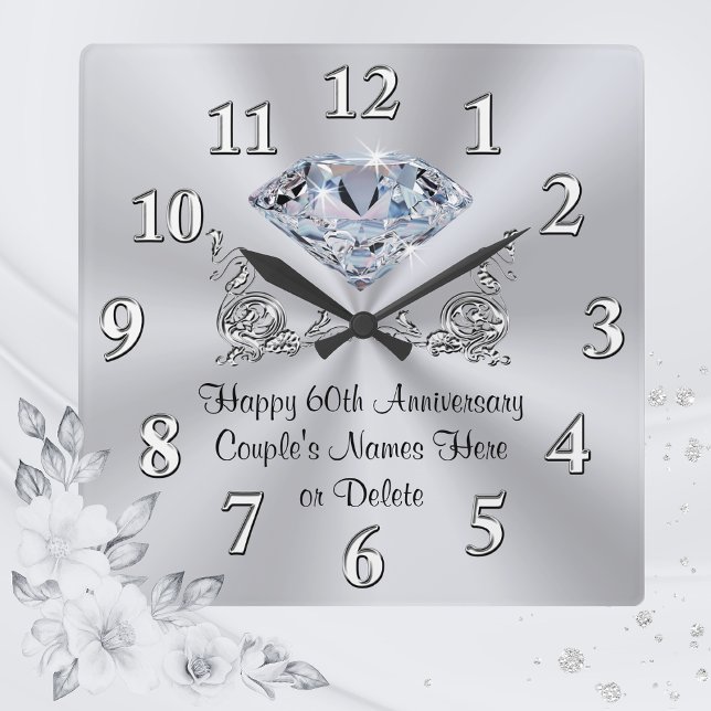 Diamond Personalised 60th Anniversary Gifts CLOCK (Personalized 60th Anniversary Gifts for Friends, Parents, Family. Diamond Wedding Anniversary Clock.)