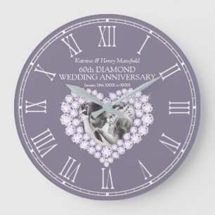 Diamond photo heart 60th wedding anniversary large clock