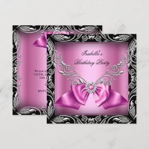 Diamond Pink Bow Silver Black Birthday Party Invitation