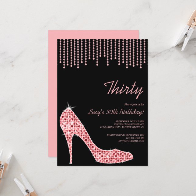 Diamond Pink Stiletto & Beads 30th Birthday Invitation (Front/Back In Situ)