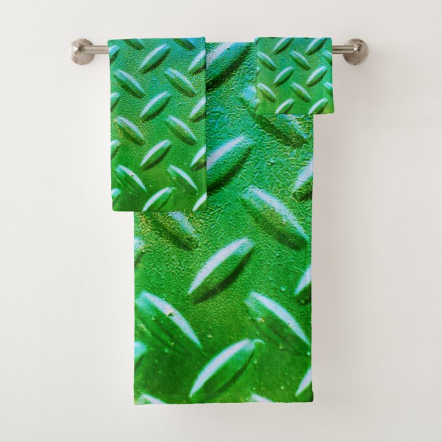 Diamond Plate Steel Green and Blue Bath Towel Set (Insitu)