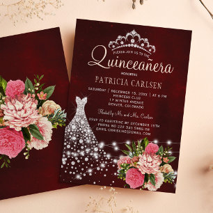 Diamond princess dress burgundy chic quinceanera invitation