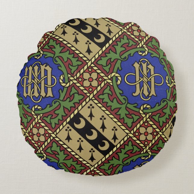 Diamond print ecclesiastical wallpaper design round cushion (Front)