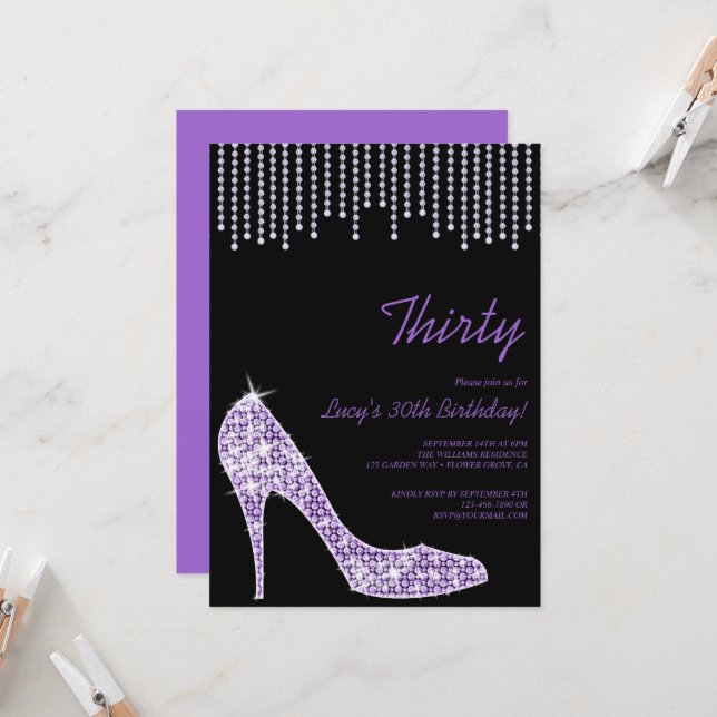 Diamond Purple Stiletto & Beads 30th Birthday Invitation (Front/Back In Situ)