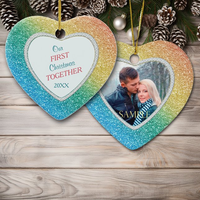 Diamond Rainbow Glitter Photo First Christmas Ceramic Ornament (Creator Uploaded)
