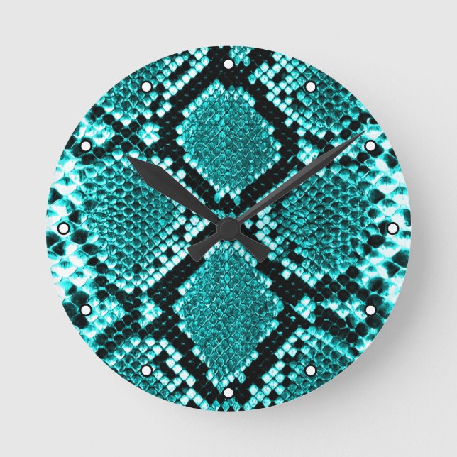 Diamond Rattlesnake Snake Skin aqua with Dots Round Clock (Front)