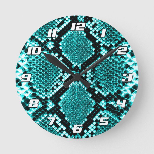 Diamond Rattlesnake Snake Skin aqua with Numbers Round Clock (Front)