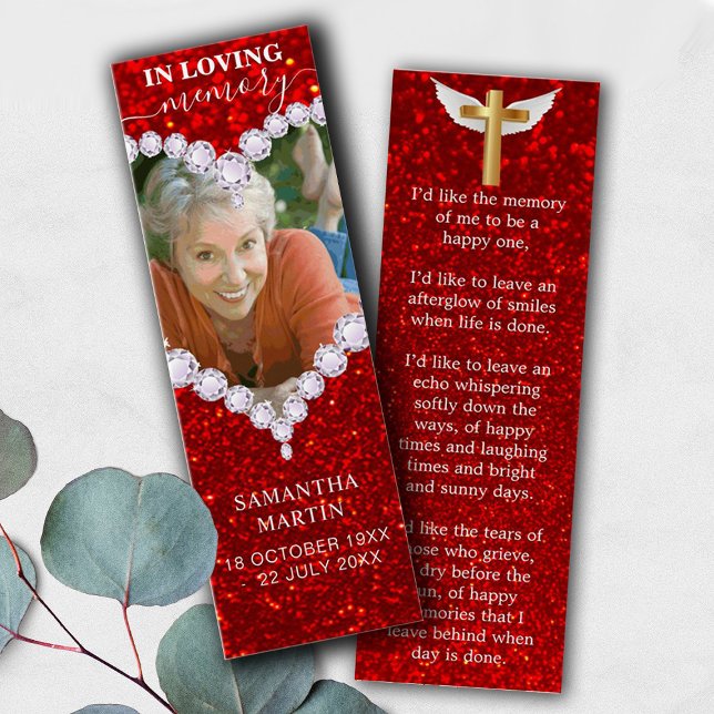 Diamond Red Glitter Memorial Poem Funeral Bookmark (Creator Uploaded)