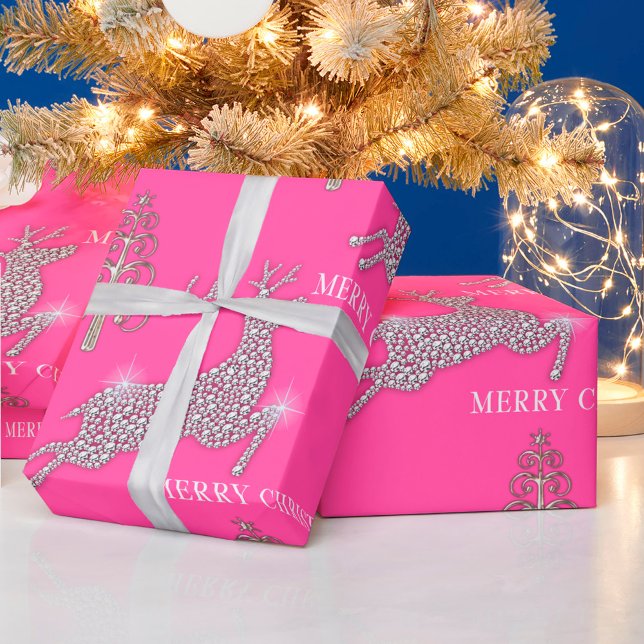Diamond Reindeer And Silver Christmas Trees Pink Wrapping Paper (Creator Uploaded)